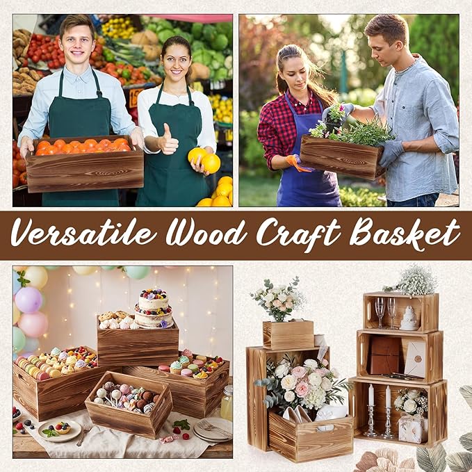 AceOrbit Set of 6 Wood Crates with Handles, Rustic Decorative Storage Boxes Distressed Wooden Nesting Display Baskets for Farmhouse, Wedding, Party Storage Display Supplies(Light Brown)