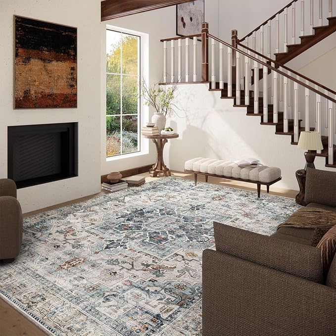 palohom 10x12 Area Rugs for Living Room: Large Area Rug Washable Stain Resistant Non Slip Distressed Vintage Low Pile Faux Wool Soft Rugs for Bedroom Farmhouse Dining Room Kids Playroom Nursery