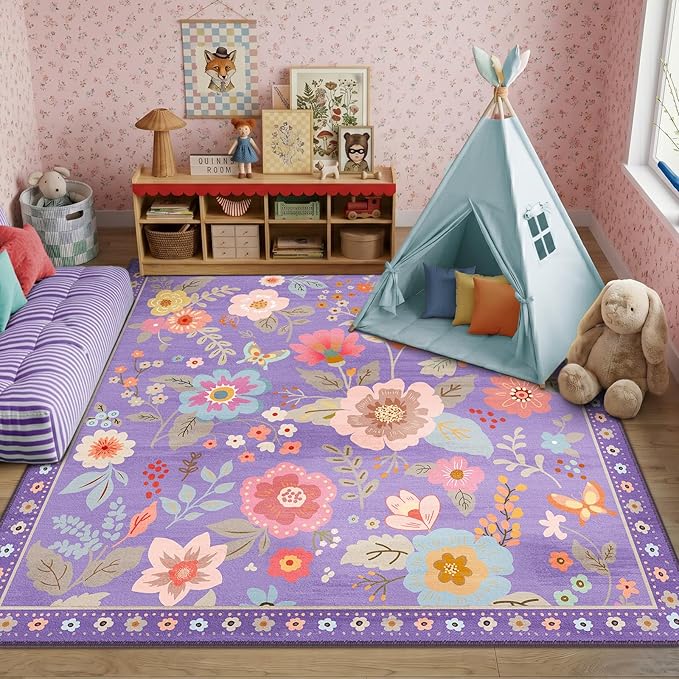 RELEANY Floral Nursery Square 8ft Area Rugs Washable Print Boho Cute Carpet Non Slip Flower Low Pile for Living Room Kids Girls Playroom Bedroom Kitchen Office Farmhouse-Purple/Pink/Multi