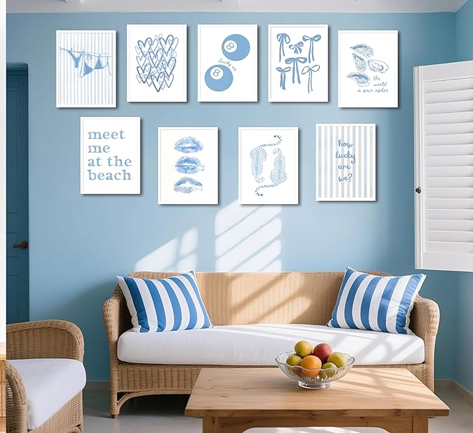 9Pcs Coastal Granddaughter Wall Art Posters Blue Oyster Bikini 8 Ball Leopard Bow Wall Decor Pictures Trendy Preppy Beachy Aesthetic Prints for Girls Dorm Gallery Bedroom Decoration Unframed (8"X10"X9PCS, Blue)