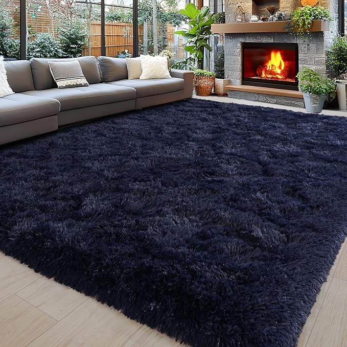 Area Rugs 9x12 for Living Room, Ultra Soft Fluffy Rugs for Bedroom, Non-Slip Furry Large Rug for Teen Girls and Boys,Nursery Kids Room Dorm Home Decor, High Pile Plush Floor Carpet, Dark Blue