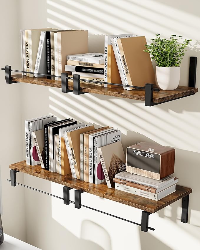 CHOEZON Deep Floating Shelves for Wall, 12 inch Wall Mounted Shelves Set of 2, Wide Floating Shelves for Living Room, Bedroom, Study, Bathroom, Rustic Brown and Black TBJ02P2BF