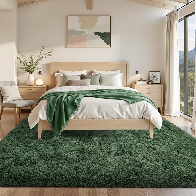 9x12 Area Rugs for Living Room Green Fluffy Shag Rug,Plush Bedroom Grass Carpet for Kids Teens Indoor Classroom Home Decor Aesthetic