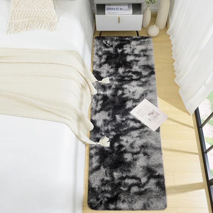 BENRON Soft Runner Rugs for Bedroom 2x6, Washable Long Runners for Hallway Entryway Kitchen Dorm, Fluffy Throw Rug for Kids Girls Room Decor Photo Prop, Tie-dye Black