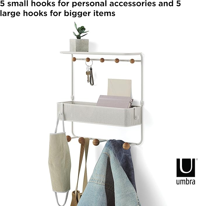 Umbra Estique Entryway Organizer Storage Solution with Cubby Bin, Shelf and Hooks for Keys, Mail, Glasses, Wallet, Purse, Hat, and More, White