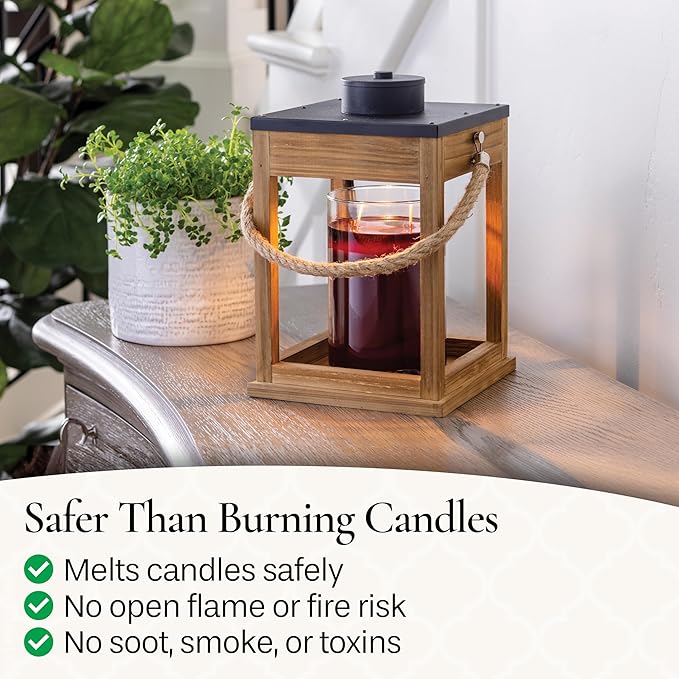 Candle Warmers Etc. Wood & Rope Lantern – for Top-Down Warming & Flame-Free Fragrance