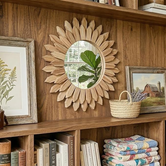 24 Inch Brown Boho Wall Decor Sunburst Mirror - Round Wooden Wall Decor, Handmade Rustic Circular Mirror for Living Room, Bedroom, Entryway, Office