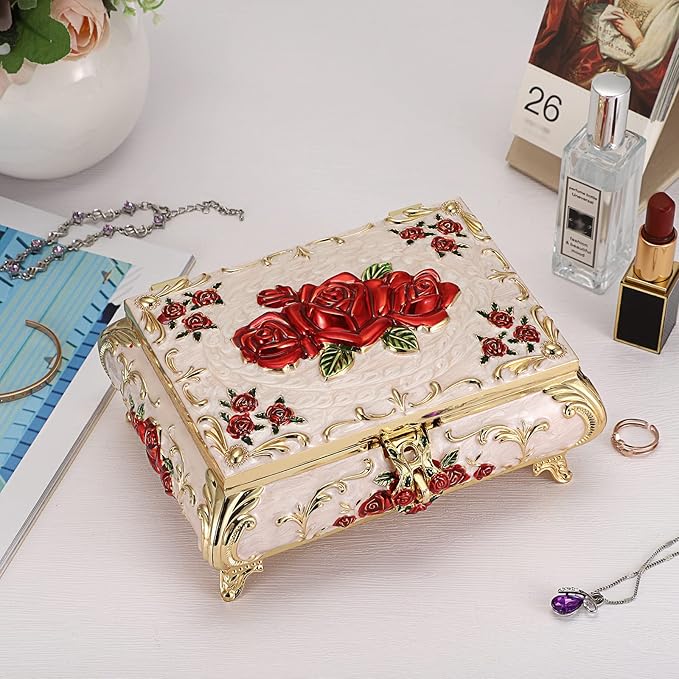 Hipiwe Metal Decorative Jewelry Box Vintage Treasure Chest Case Ornate Trinket Organizer Earrings Necklace Bracelet Storage Box Ring Holder Keepsake Box for Women