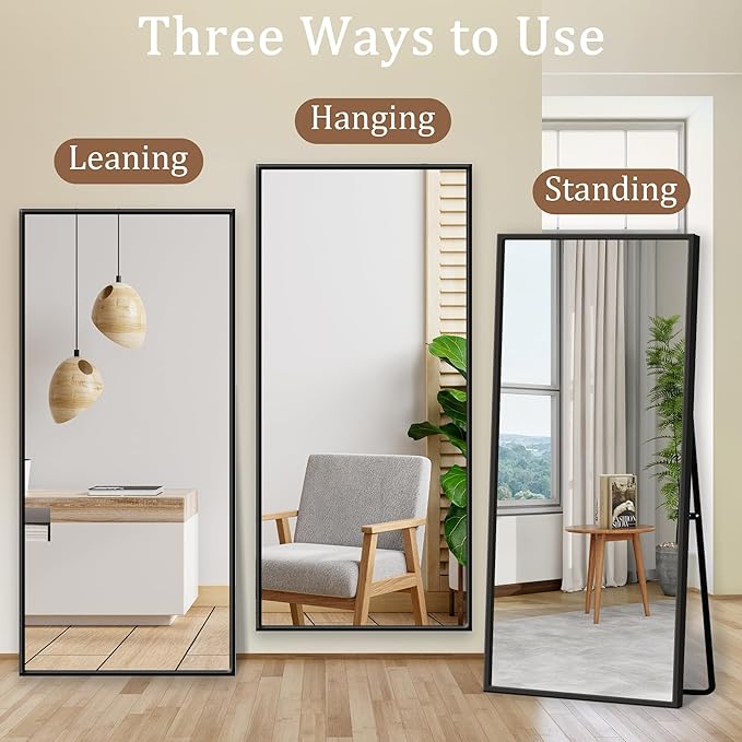 GlasFlength Full Body Mirror with Stand, 71" x 32" Full Length Mirror with Aluminum Alloy Frame Wall-Mounted/Leaning Against Wall/Floor Standing Mirror for Home Decor, Black