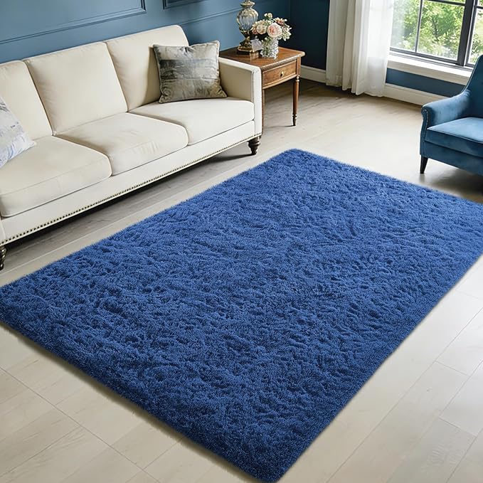 Ophanie Blue Rug, Boys 4x6 Rugs for Bedroom Royal Dark Blue Carpet Nursery Aesthetic, Kids Playroom Navy Area Rugs for Girls Teen Home Decor, Fluffy Shag Bedside Floor Living Room Carpet