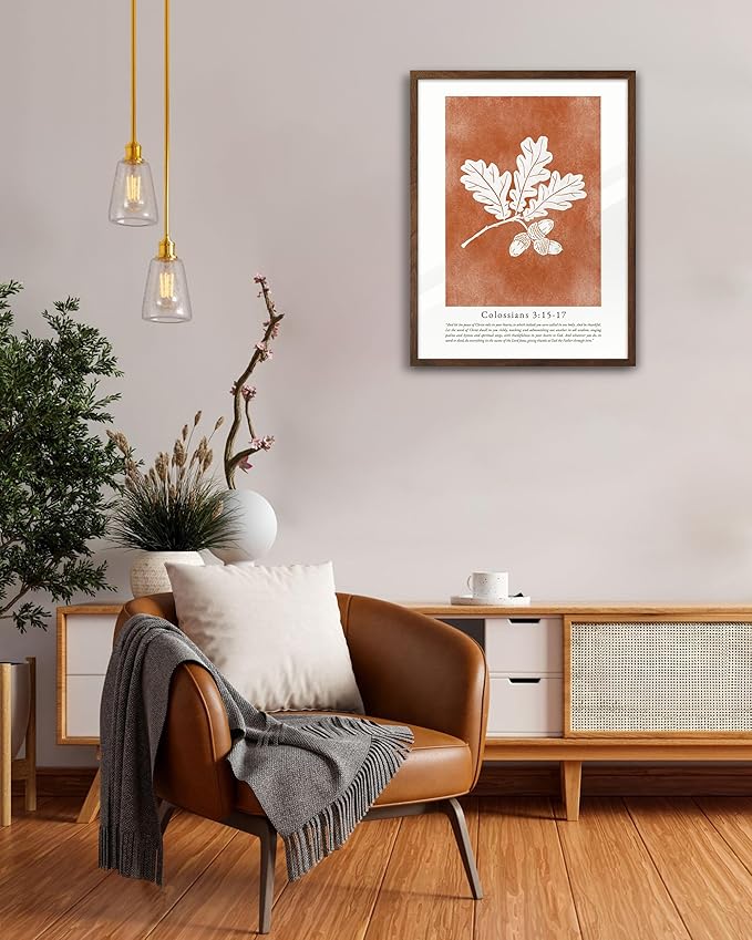 EcoHest Vintage Christian Fall Framed Wall Art, 12x16 in Walnut Color OAK Wood Burnt Orange Bible Verse Canvas Wall Art, Botanical Scripture Colossians Faith Home Decor, 1Pack for Bedroom Living Room