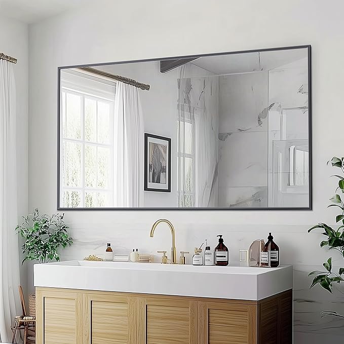 Antok 55x30 Black Metal Framed Bathroom Mirror, Wall Mirror with Rect Corners, Vanity Mirror for Over Sink, Anti-Rust Tempered Glass, Horizontal/Vertical Hanging for Bathroom, Living Room, Entryway
