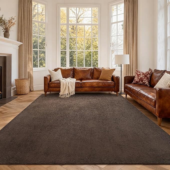 FinRèc 6x9 Washable Area Rugs for Bedroom Living Room, Low Pile Thin Rug Solid Color, Non-Slip Carpet Indoor for Home Decor (Pure Brown)