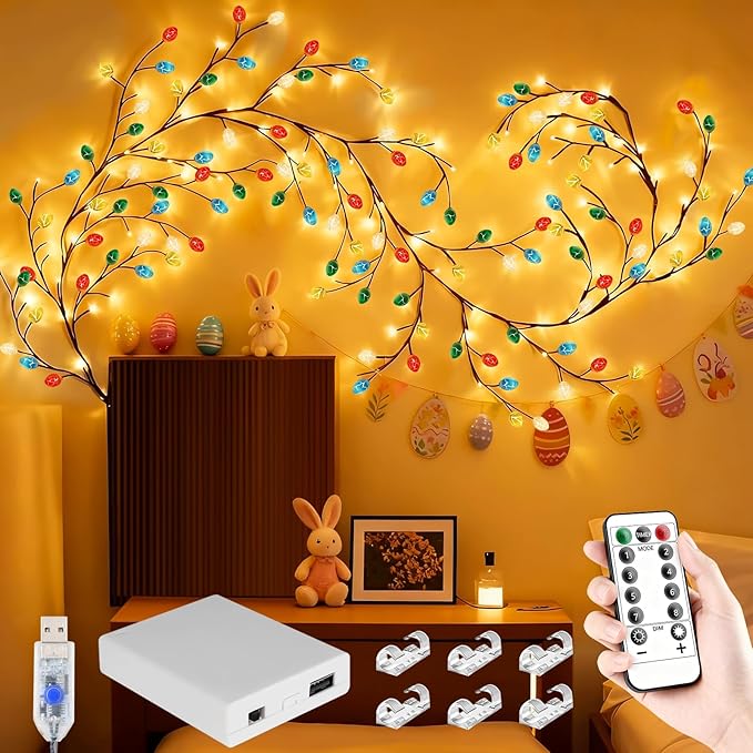 FNHMSL Easter Egg Enchanted Willow Vine Lights, 4FT 48LED 4 Color Easter Egg Tree Branch Lights for Wall, Remote Timer,8 Light Model,Bedroom Wall Doors Wedding, Christmas, USB Battery Box