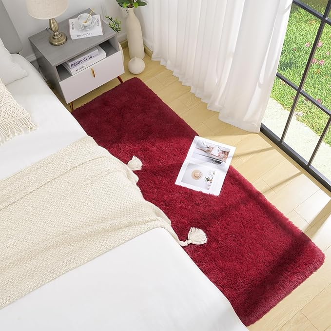 BENRON Soft Runner Rugs for Bedroom 2x6, Washable Long Runners for Hallway Entryway Kitchen Dorm, Fluffy Throw Rug for Kids Girls Room Decor Photo Prop, Wine Red