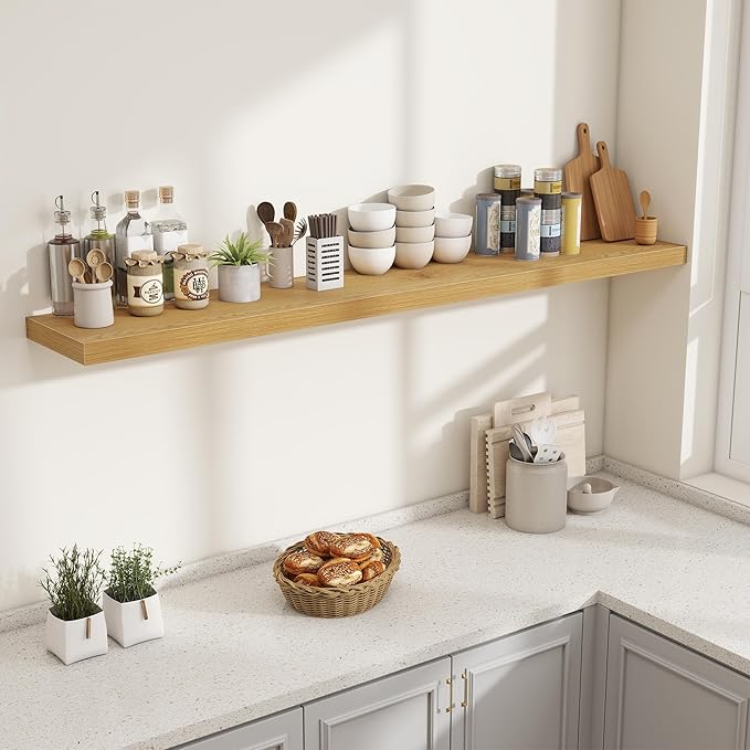 Fun Memories 72 Inch Fireplace Mantel Shelf, 10 Inch Deep Shelves for Display & Wall Storage, Rustic Wood Wall Shelf, Extra Long Floating Shelves for Living Room Laundry Room, Oak, Set of 1