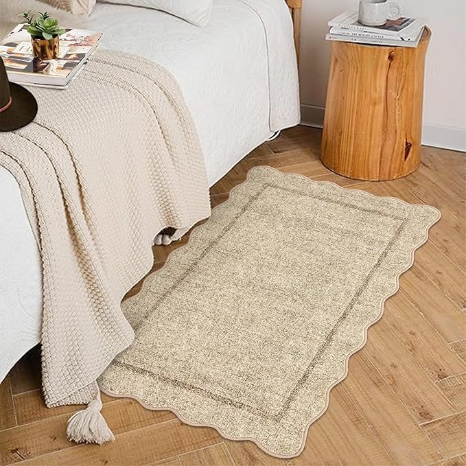 GarveeHome Scalloped Door Mat 2x3 Indoor Rugs for Entryway Washable Non-Slip Solid Small Rug Modern Soft Low-Pile Stain Resistant Carpet for Bedroom Kitchen Entrance Laundry, Jute Color