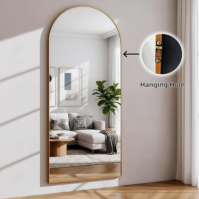 Full Length Mirror 71"x30"Arched with Stand Aluminum Alloy Frame Wall Mountable Tempered Glass Full Body Mirror, Standing Hanging or Leaning Against Wall for Bedroom and Living Room Gold