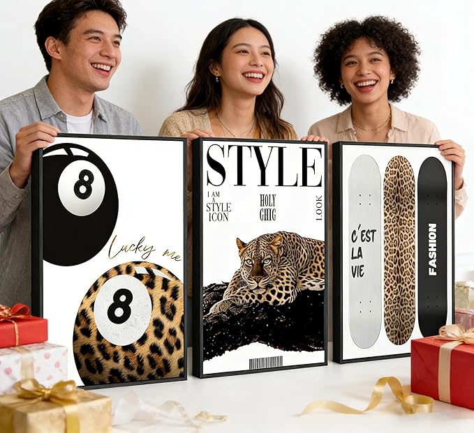 3Pcs Black Framed Trendy Leopard Wall Art Preppy Aesthetic Stylish Leopard Painting Picture Wall Decor Funky Lucky 8 Ball Cheetah Poster Print Artwork for Bedroom Living Room Bathroom Home Decoration