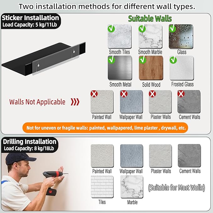 HNVNER Black Metal Wall Shelves, 15.7" (W), No Drilling, Adhesive Floating Wall Shelf for Living Room, Bedroom, Bathroom, Aluminium Shower Caddy (2 PCS)