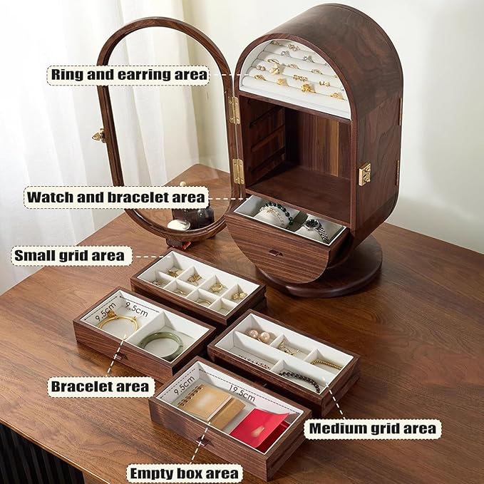 Wooden Jewelry Cabinet, 360° Rotating Jewelry Box, Versatile Tabletop Jewelry Organizer with Makeup Mirror And Multiple Storage Compartments, for Bedroom & Dressing Room