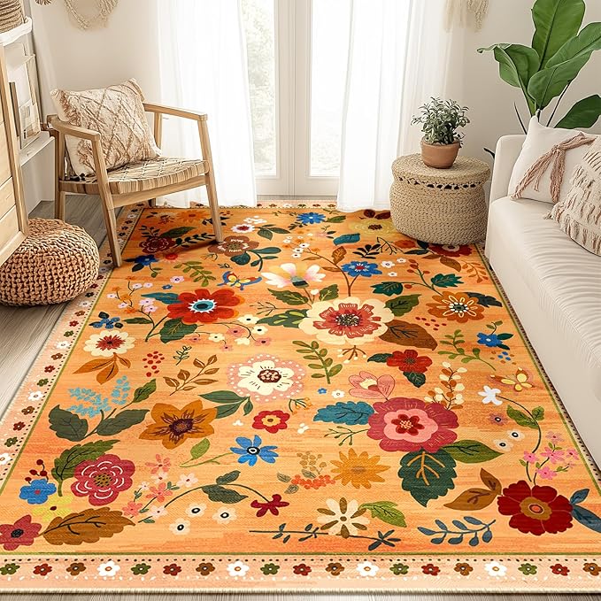 RELEANY Floral Nursery 4x6 Area Rugs Washable Print Boho Cute Carpet Non Slip Flower Low Pile for Living Room Kids Girls Playroom Bedroom Kitchen Office Farmhouse-Yellow/Orange