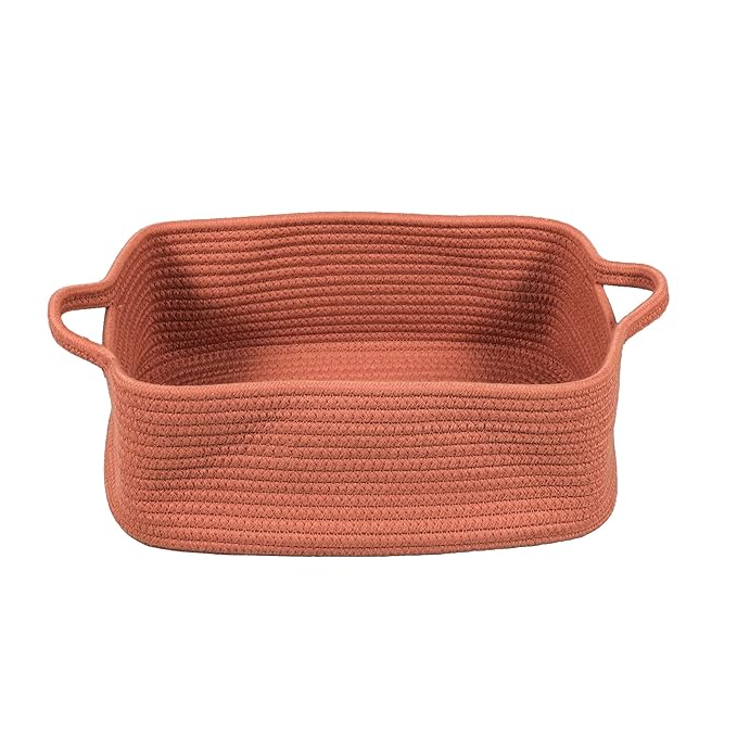 XUANGUO Woven Cotton Rope Storage Basket with Handles for Organizing Shelves Closet Small Cat Dog Pet Toy Baskets Box Bin Decorative Rectangle Baby Nursery Basket Gift Basket Empty (Rust)