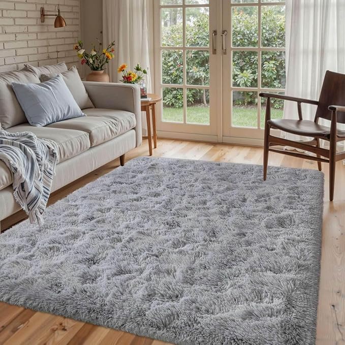 Grey Rugs for Bedroom Fluffy 4x6 ft Living Room Rug Non-Slip Area Rugs Shag Carpet for Nursery Kids Play Room Dorm Office Indoor Modern Plush Carpets Boys Light Gray