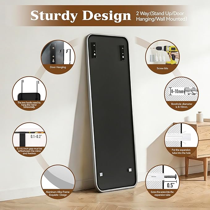 NARCISSUS 47x14 Mirror Door Hanging Full Length,Over Door or Wall Mounted Aluminum Alloy Frame Tempered Glass Rectangle Full Body Mirrors for Bedroom Dressing Living Room Bathroom 47 inch Silver