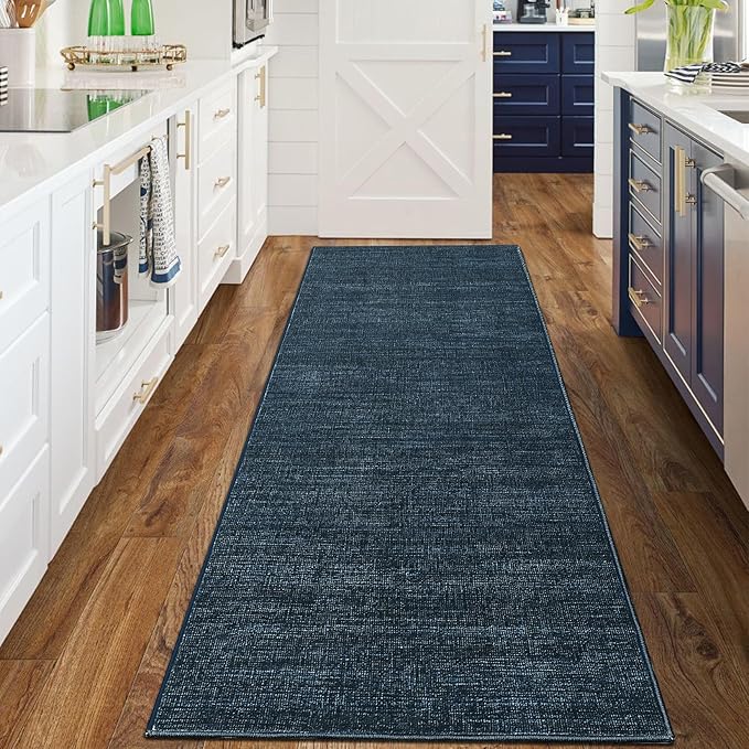 Washable Runner Rug 2x6 Modern Solid Color Kitchen Runner Mat Minimalist Plain Long Runner Rug for Entryway Bedroom Bedside Non Slip Low Pile Boho Accent Solid Runner Rugs for Nursery, Navy 2'x6'