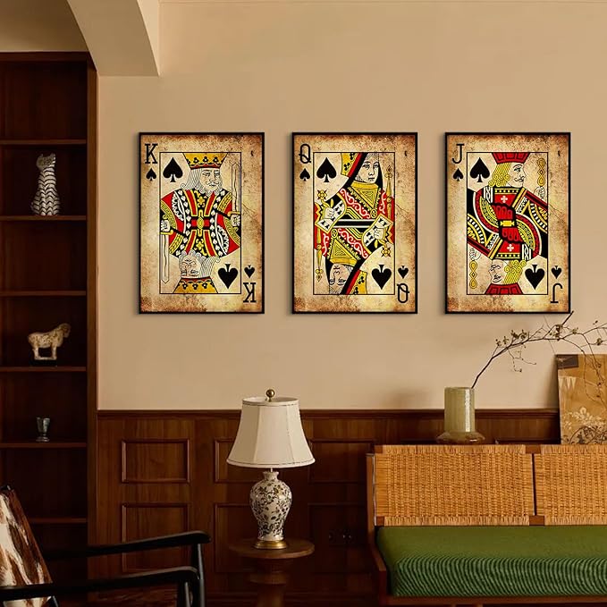 Playing Card Wall Art Poster Vintage Poker Canvas Wall Decor Retro Game Room Art Picture Joker King Queen Poster Trendy Retro Prints Vintage Poker Painting Artwork for Bedroom 12x16 Inch Unframed 3Pcs