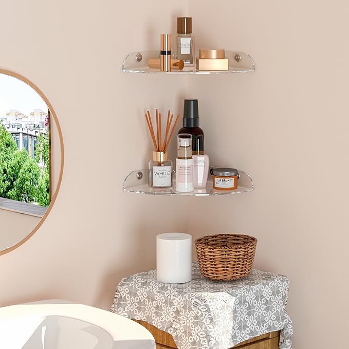 Sezanrpt 7x7 Inch Corner Shelf Wall Mount Set of 2, Acrylic Corner Floating Shelves, Clear Corner Wall Organizer Shelf for Bathroom, Kitchen, Bedroom, Living Room, Dining Room, Office