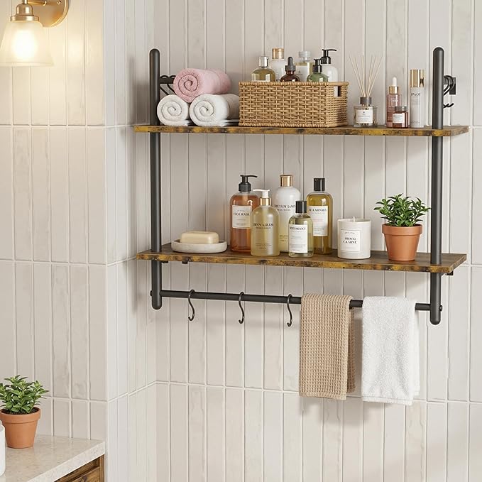Merapi Industrial Pipe Floating Shelf with Towel Bar & Hooks - 31.5" Wall Mounted Kitchen, Bathroom, Coffee Bar Shelf - Modern Farmhouse Wood & Metal Shelves with 8 S-Hooks