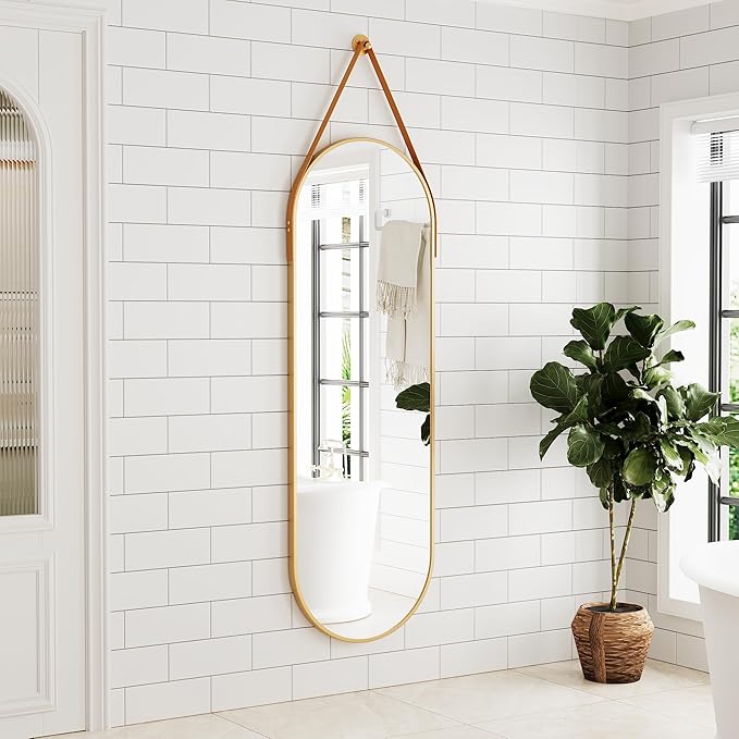 Full Length Mirror, Oval Wall Mounted Mirror, 48"x16" Door Mirrors with Hanging Leather Strap, Wall Mirrors Full Length with Aluminum Frame for Bathroom Living Room Entryway (Gold)