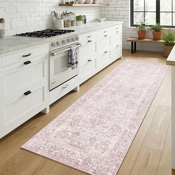 Rugxara 2x6 Hallway Runner Rug, Non Slip Boho Runner Rugs for Hallway, Kitchen, Entrance, Bathroom, Laundry Room, Soft Ultra-Thin Entryway Carpet, Throw Low Pile Retro Imitation Wool Carpet, Pink