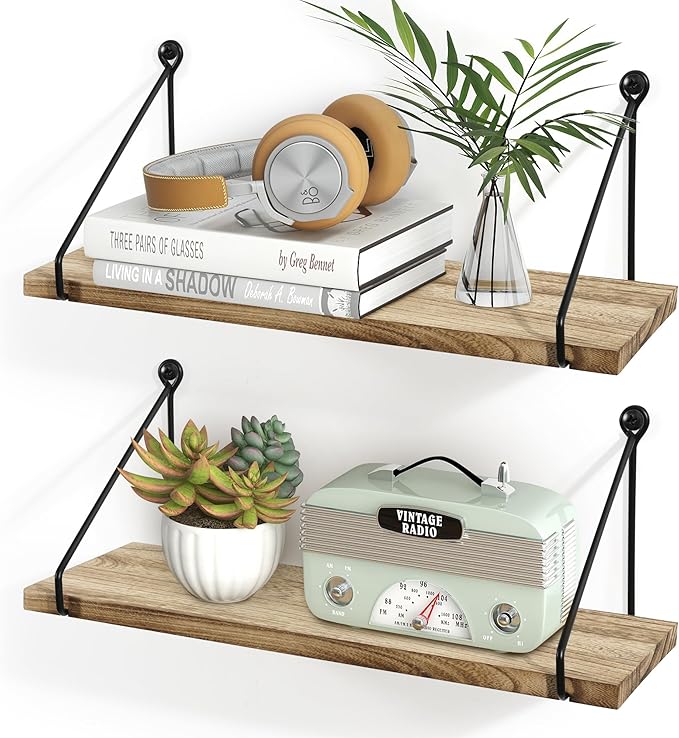 Sapowerntus Floating Shelves Wall Mounted Shelf Rustic Light Wood Bathroom Bedroom Kitchen Hanging Storage Organizer with Triangle Metal Brackets Farmhouse Living Room Office Home Decor Set of 2