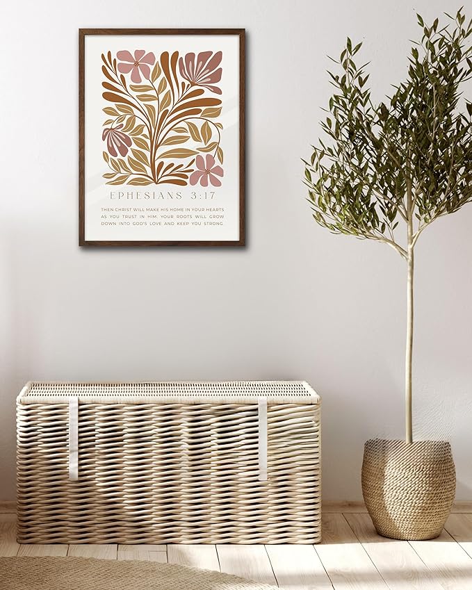 EcoHest Bible Verse Floral Framed Wall Art, 12x16 in Walnut Color OAK Wood Abstract Flowers Canvas Wall Art, Ephesians 3:17 Home Decor, Beige Logs Boho Christ Set of 1 for Bedroom Living Room