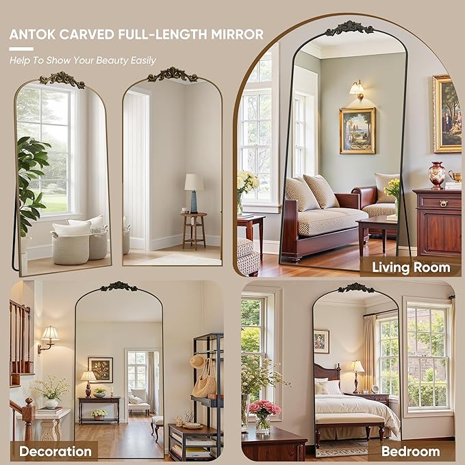 Antok Arched Full Length Mirror, 90"x46" Floor Mirror with Carved, Full Body Mirrors for HomeDecor, Standing/Halling Large Wall Mirror for Bedroom, Living Room, Cloakroom, Bronze, Retro Style