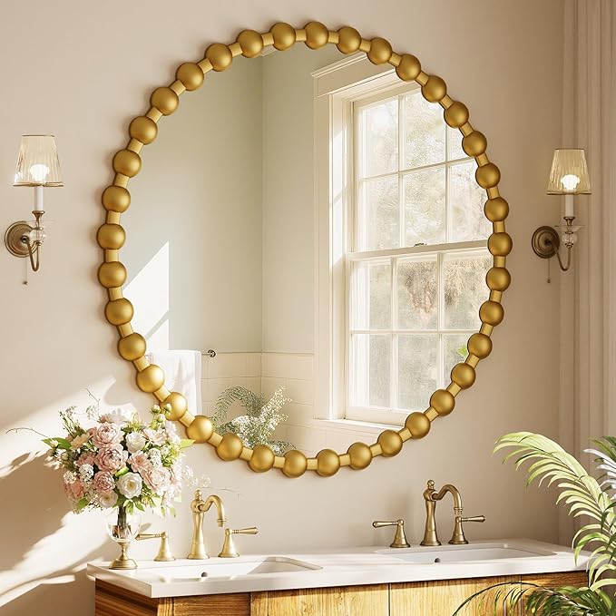 Easly Round Mirror for Wall, 36 Inch Gold Beaded Frame Decorative Vanity Mirror, Circle Bathroom Mirror with High-Definition Lense, Modern Wall Decor for Bathroom, Living Room, Bedroom, Entryway