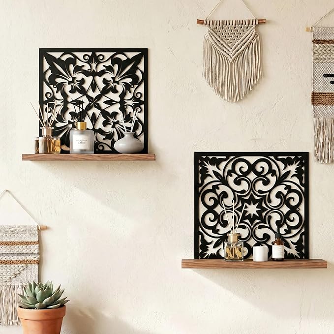 2PCS Metal Carved Window Wall Decor with Wooden Shelf, Black Floating Shelves for Bathroom Wall, Kitchen Wall Decorative Shelves, Creative Shelf for Bathroom Accessories Organizers and Storage