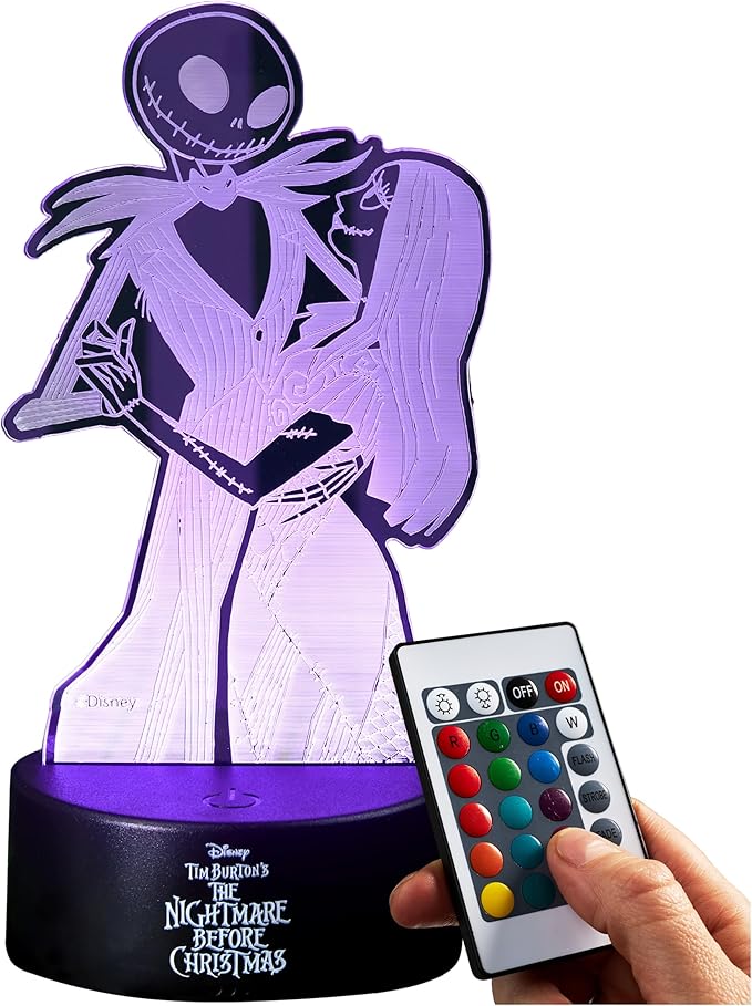 Get Trend Nightmare Before Christmas 3D Illusion Night Light for Kids, Jack & Sally, 16 Colors, 4 Lighting Modes, Dimmable, LED Desk Lamp, Bedroom Decor, Halloween Gifts (Multi NMBC Jack Sally)