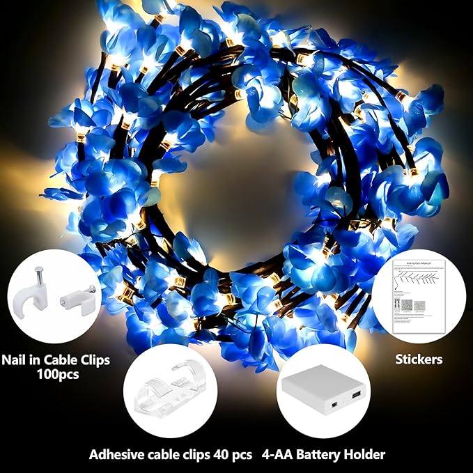 FNHMSL Cherry Enchanted Willow Vine Lights, 4FT 48LED Blue Cherry Blossom Tree Branch Lights for Wall with USB Battery Box,Remote Timer,8 Light Model, Indoor Bedroom Wall Doors Wedding, Christmas