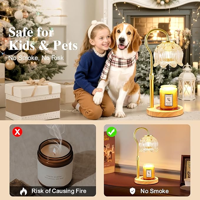 Dreamholder Electric Candle Warmer Lamp with Timer & Dimmer, Adjustable Height Wax Melt Warmer for Jar Candles, Wood Base Candle Melter, Floral Home Decor Gifts for Women, Mom, Gold