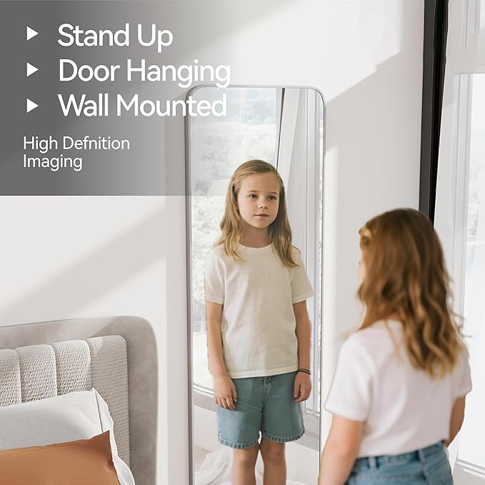 SCWF-GZ 57x20 Door Hanging Full Length Mirror, Floor (Height 5.7ft just Body in 1.3ft) or Wall Mounted Metal Frame Rectangle Dressing Mirrors for Bedroom Bathroom Living Room 57 inch Silver