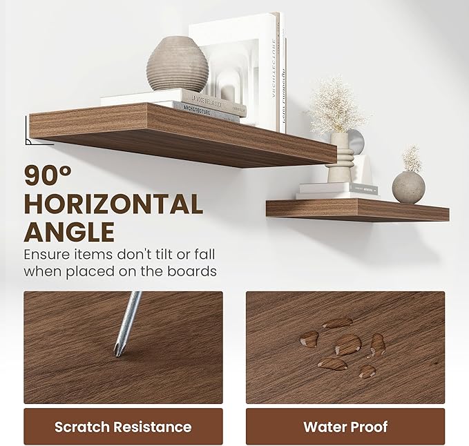 Acovy 36 Inch Floating Shelves, 12 Inch Deep Floating Shelves for Wall, Floating Shelf with Invisible Brackets, Deep Shelves for Bathroom, Bedroom, Living Room, 2 Pack, Walnut