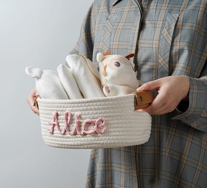 JUPPE Baptism and Newborn Baby Show Gift Basket with Personalized Name, Toys and Storage Organizer Custom Baby Shower Basket Gift Cotton Rope Basket Gift Nursery Decor Newborn Gifts (Style 1)