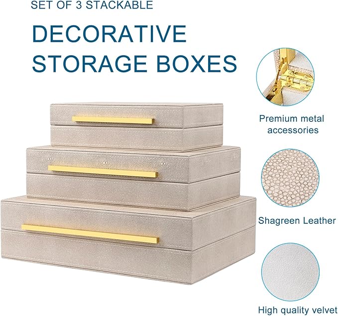 Ivory Shagreen Box Set Of 3 Faux Leather Decorative Boxes, Large Modern Nesting Storage Decorative Boxes with Lids for Home Decor Stacking jewelry Box Organizer