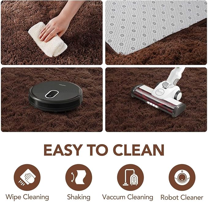 FinRèc 9x12 Rugs for Living Room Bedroom, Dark Brown Fluffy Shaggy Area Rug, Non-Slip Soft Shag Rug for Nursery Kids Room Dorm Room Home Decor, Indoor Plush Floor Carpet