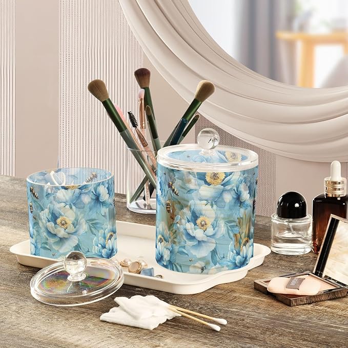Unique Peonies Blue Clear Plastic Makeup Organizer Storage with lid Dresser Essentials Decorative Dental floss storage jar for Cotton Swabs,Cotton Pads,Floss Picks,Paper Clips,Hair Clips 2
