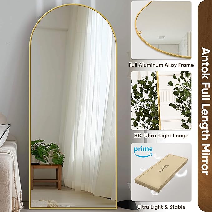 Antok Full Length Mirror, 21"x58" Floor Mirror with Stand, Hanging Mounted Mirrors for Bedroom, Living Room, Cloakroom, Dining Room, Gold, Arched